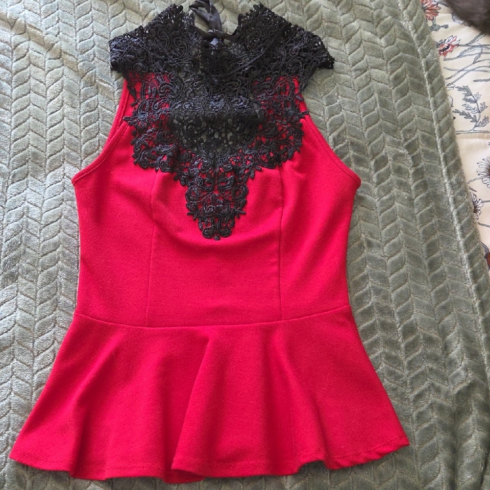 Charlotte Russe Red Top with Black Lace Detail